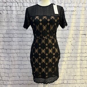ENGLISH FACTORY Black Lace Sheer Bodycon Dress NWT S/M Nude Lining